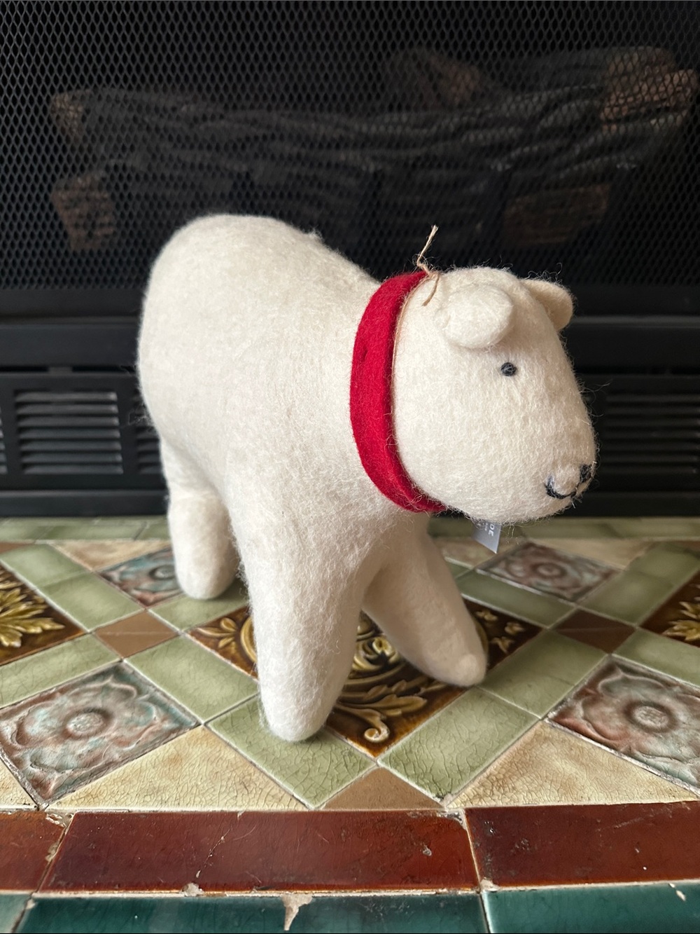 Handcrafted Cream Wool Polar Bear Figurine with Red Collar